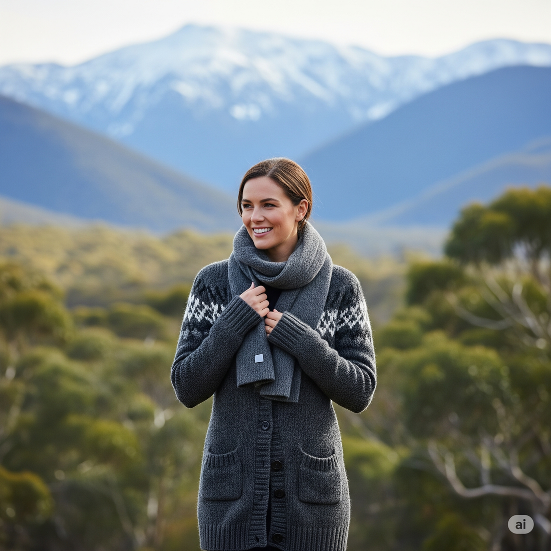 Capturing winter in regional Australia, this image features a stylish woman in a warm knitwear outfit near the Snowy Mountains, NSW. Ideal for Australian winter travel blogs and showcasing cold weather fashion down under.