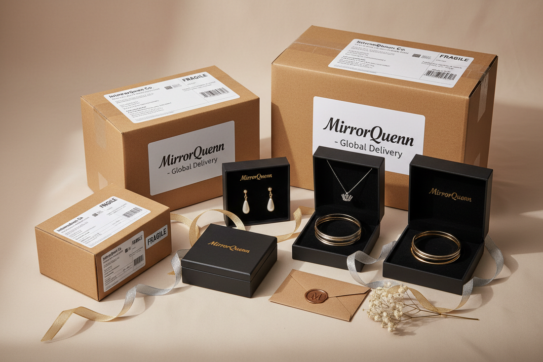 MirrorQuenn international shipping packages with jewelry displayed in premium style