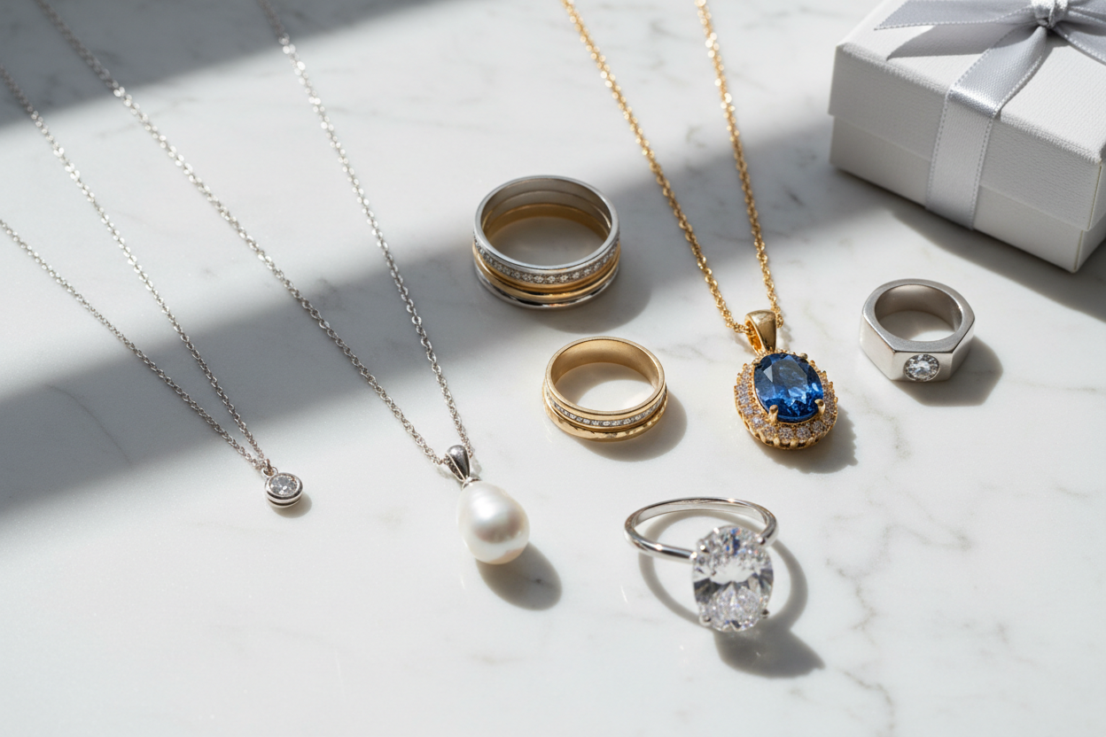 Official MirrorQuenn jewelry collection featuring necklaces and rings photographed in premium studio style