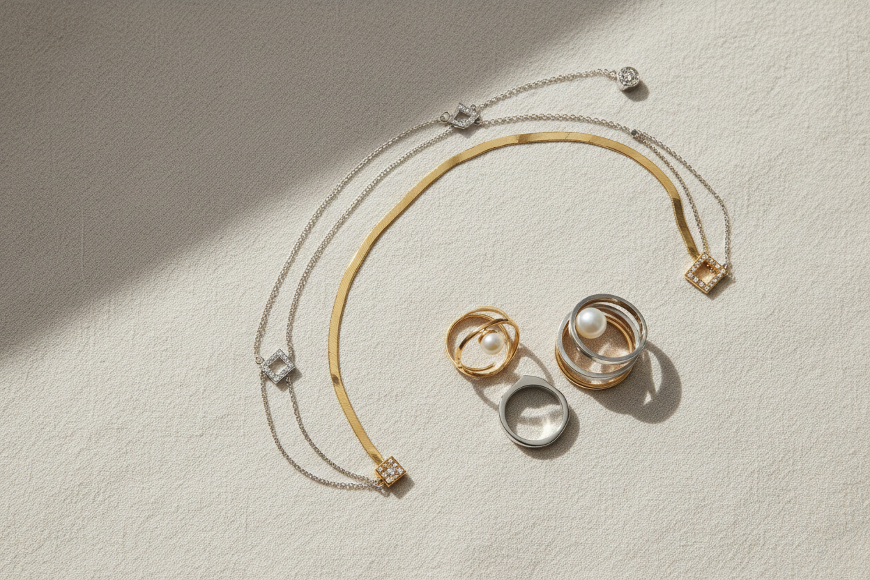 MirrorQuenn jewelry collection displayed in clean minimalist style for online shopping