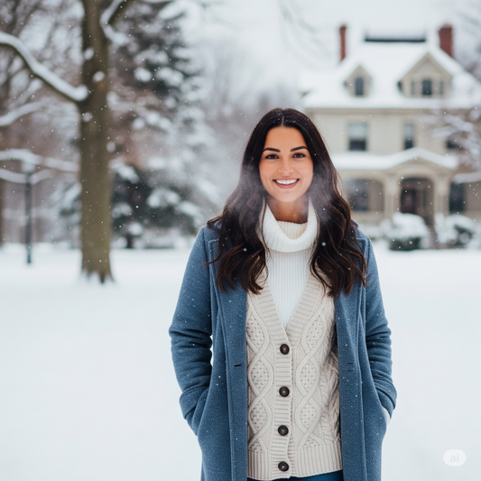 A cozy winter lifestyle image of a woman in a cream cable-knit cardigan and a long blue wool coat, enjoying a snowy day in a park. Ideal for Wagga Wagga winter fashion inspiration and MirrorQueen's regional NSW cold weather style guide.