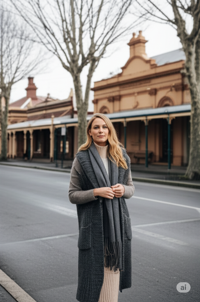 Wrap up in style this winter! Featuring a woman in warm knitwear and a long coat, discover Mirrorquenn's range of cozy winter outfits perfect for chilly days in Ballarat and across Australia