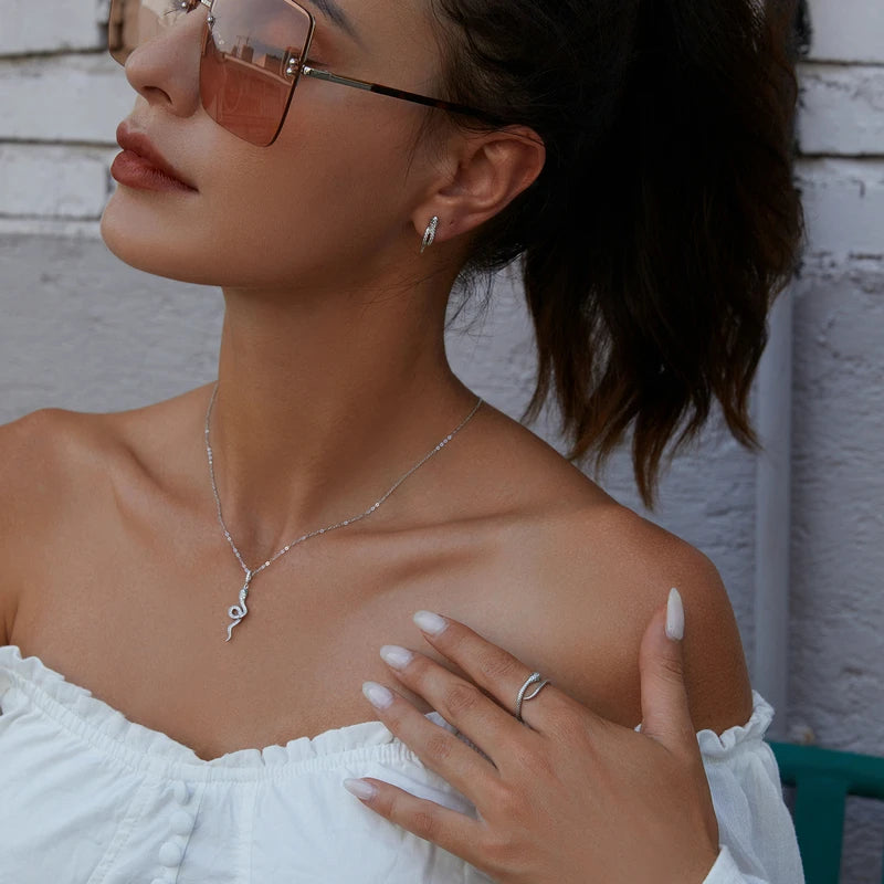 bamoer 925 Sterling Silver Snake Jewelry Set for Women Vintage Luxury Crystal Platinum Plated Snake Earrings Ring Necklace Mirror Quenn