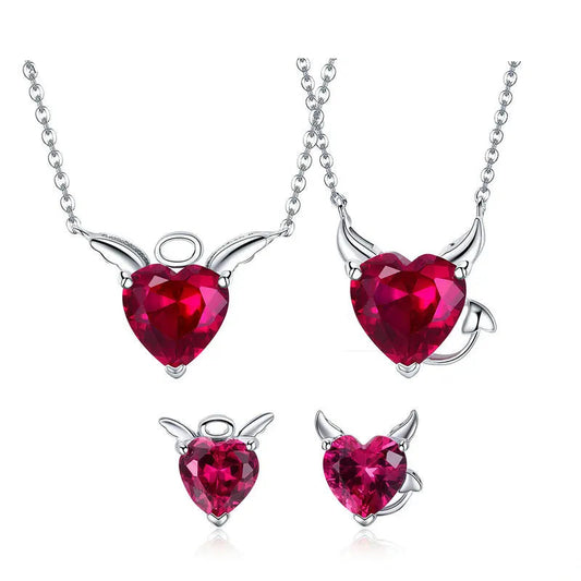 BAMOER Authentic 925 Sterling Silver Red CZ Evil And Angel Pendant Necklace Earrings Jewelry Set Sterling Silver Jewelry ZH067 Mirror Quenn