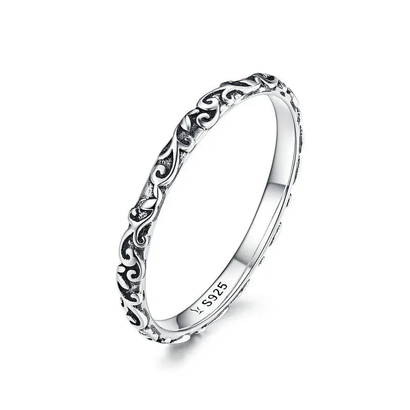BAMOER 2mm 925 Sterling Silver Vintage Pattern Minimalist Band Ring, Silver Stacking Rings for Women SCR513 Mirror Quenn