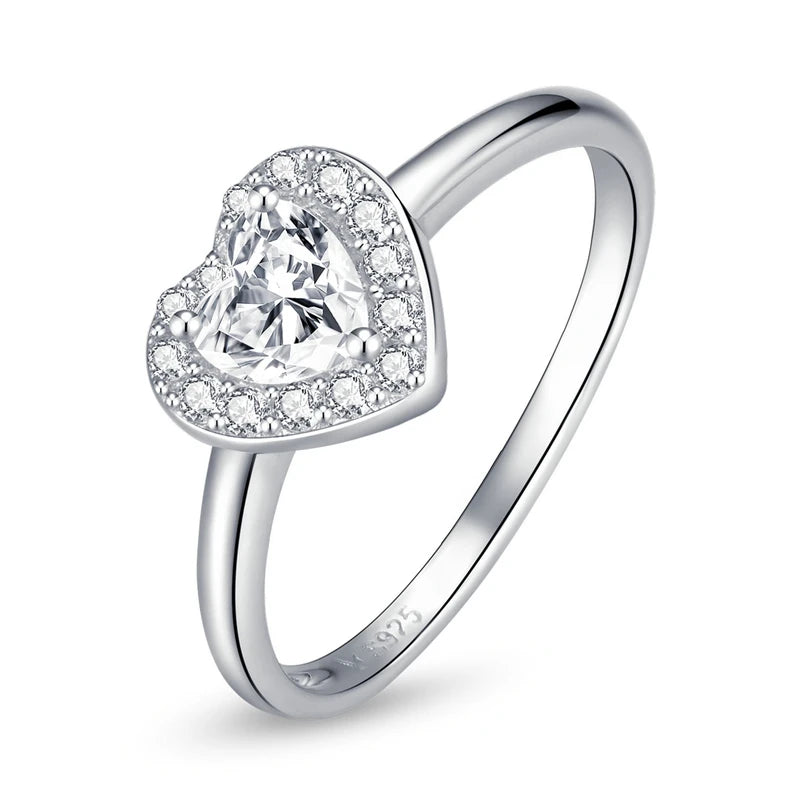 BAMOER 925 Sterling Silver Bright Love Ring Dazzling Shiny Heart Shape Crystal Finger Ring Wedding Engagement Jewelry SCR725 Mirror Quenn