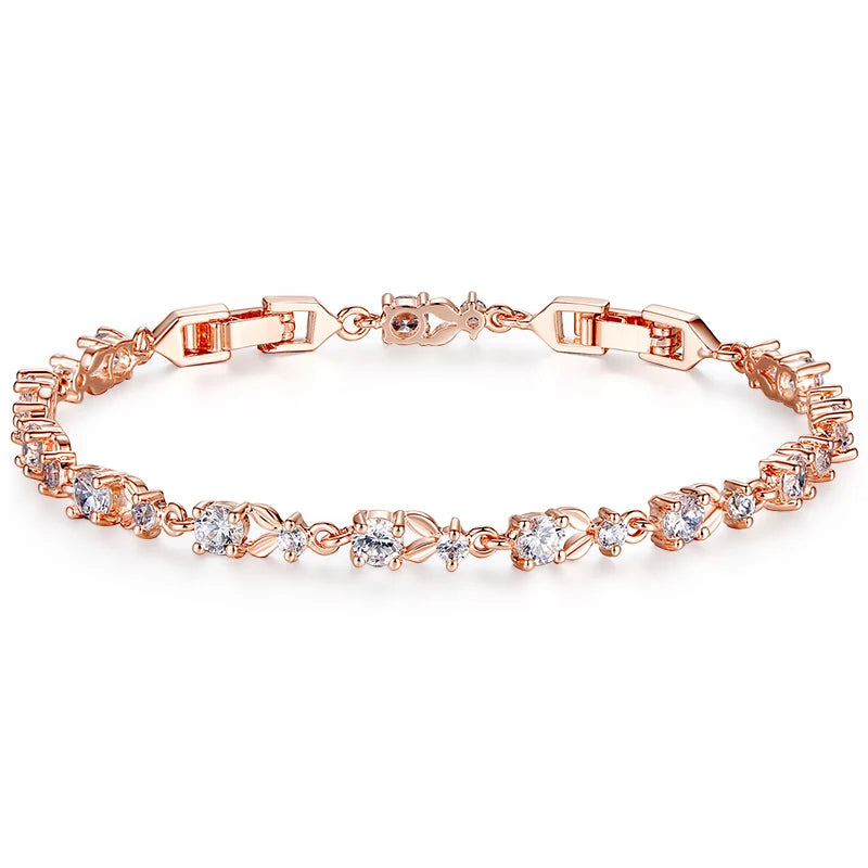 BAMOER Luxury Rose Gold Color Chain Link Bracelet for Women Ladies Shining AAA Cubic Zircon Crystal Jewelry JIB013 Mirror Quenn