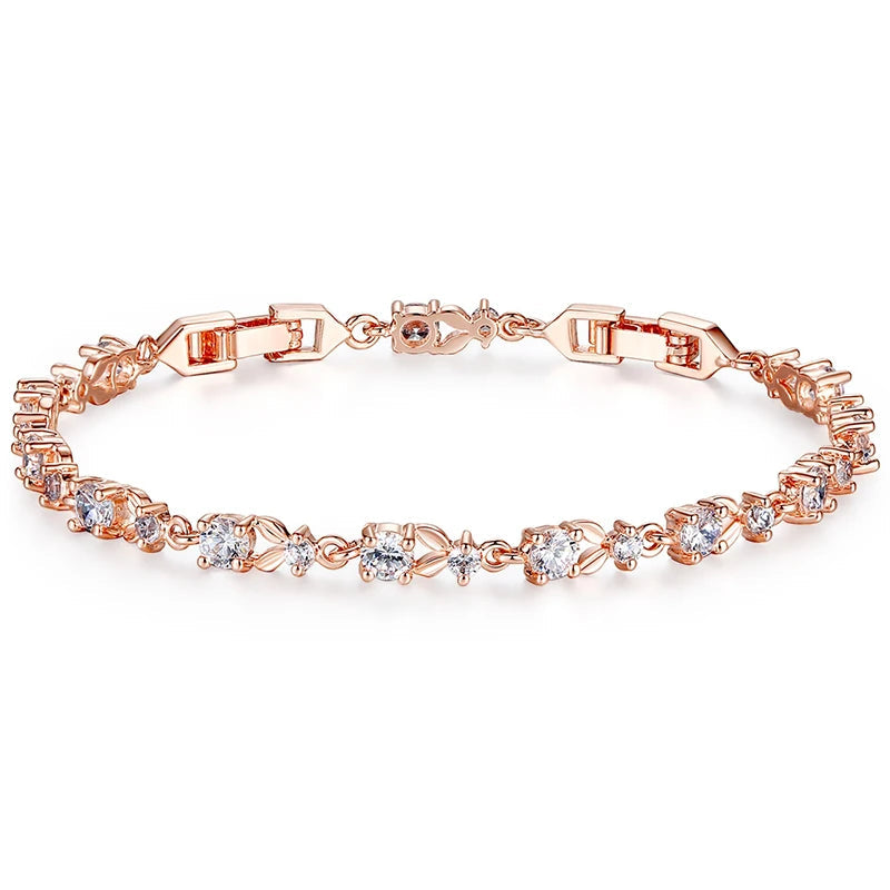 BAMOER Luxury Rose Gold Color Chain Link Bracelet for Women Ladies Shining AAA Cubic Zircon Crystal Jewelry JIB013 Mirror Quenn