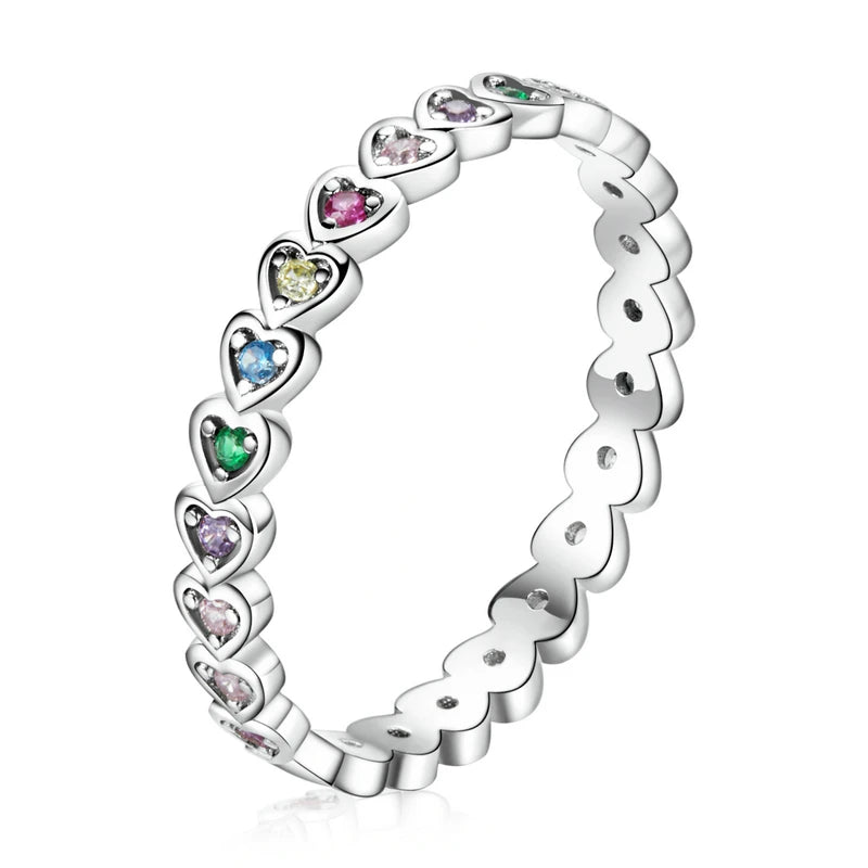 BAMOER Silver Rainbow Love Ring Crystal Heart 925 Sterling Silver Jewelry Enamel Colorful Stars Ring for Women Wedding Jewelry Mirror Quenn