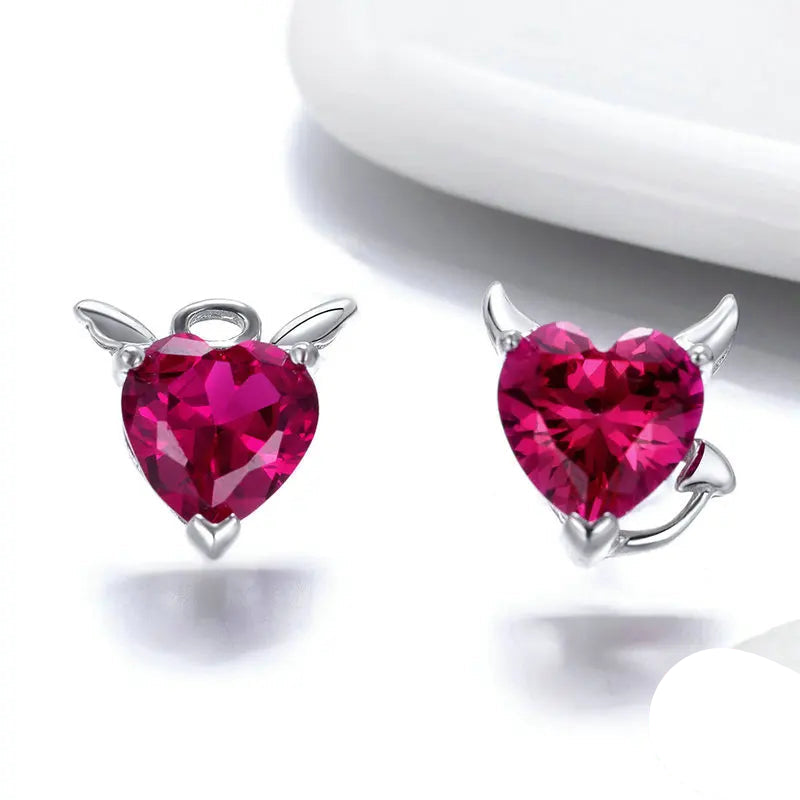 BAMOER Authentic 925 Sterling Silver Red CZ Evil And Angel Pendant Necklace Earrings Jewelry Set Sterling Silver Jewelry ZH067 Mirror Quenn