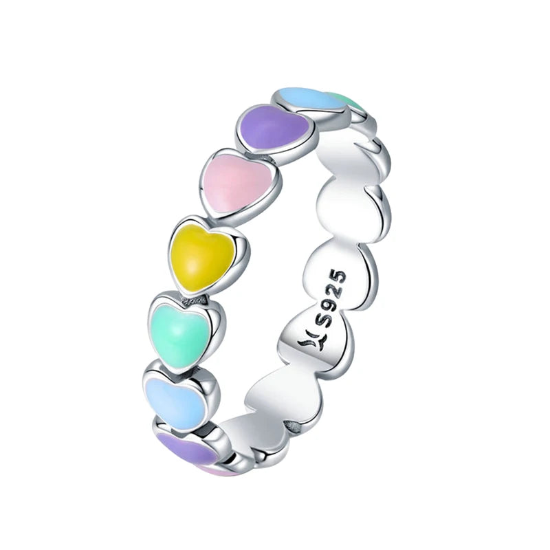 BAMOER 925 Sterling Silver Cute Rainbow Heart Finger Ring for Women Stackable Silver Ring with Mini Hearts Trendy Jewelry Mirror Quenn