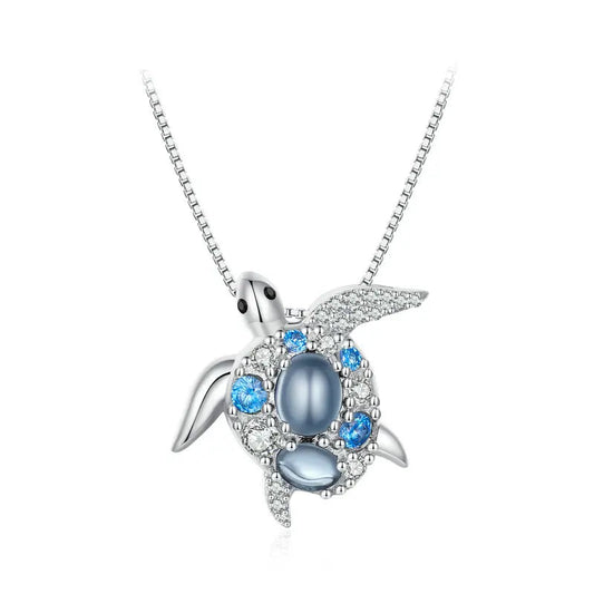 Bamoer 925 Sterling Silver Blue Spinel Sea Turtle Pendant Necklace Pave Setting CZ for Women Valentine's Day Gift Mirror Quenn