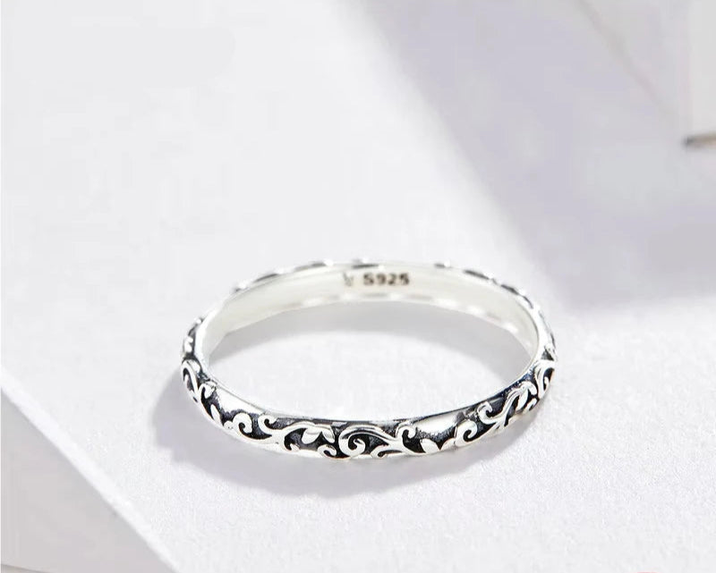 2mm 925 Sterling Silver Vintage Pattern Minimalist Band Ring, Silver Stacking Rings for Women SCR513 Mirror Quenn