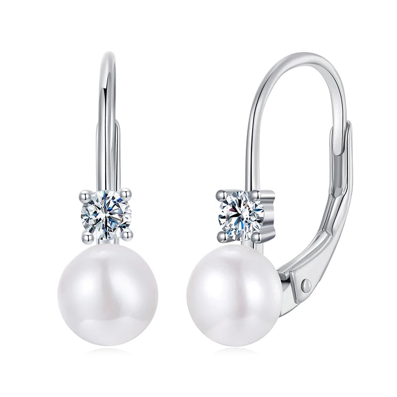 BAMOER Platinum Plated Moissanite Freshwater Pearl Earrings for Women, Round Cut Lab Diamond 925 Silver Hypoallergenic Earrings Mirror Quenn