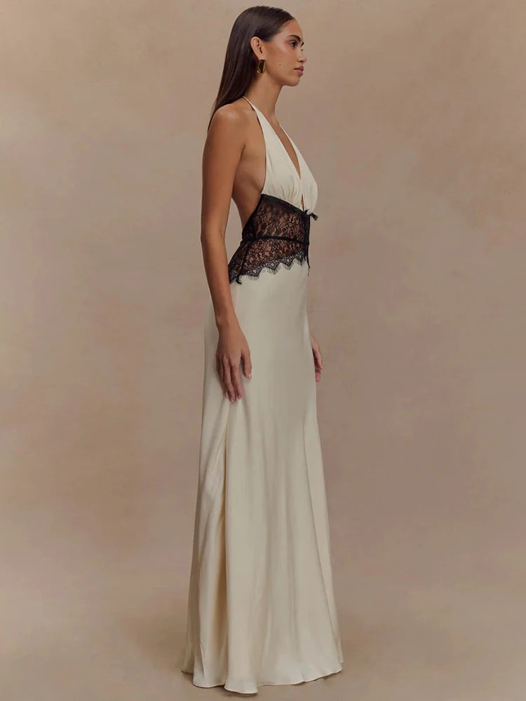 Backless Lace Halter Maxi Dress