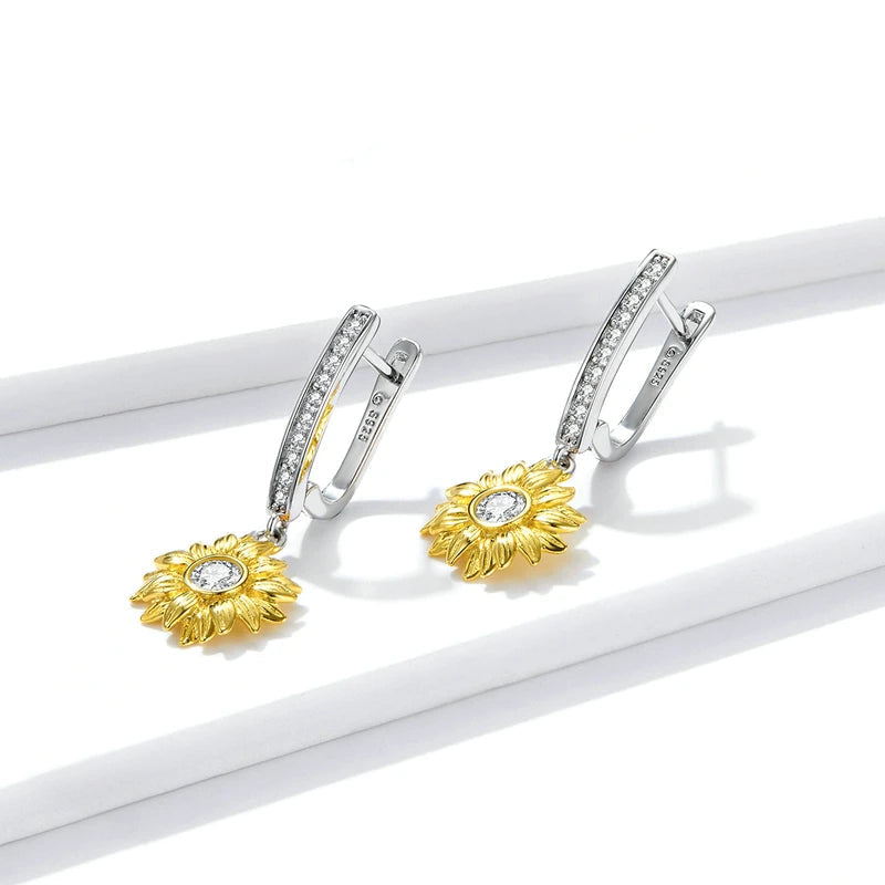 BAMOER Silver Sunflower Jewelry Set 925 Sterling Silver Gold Color Lucky Necklace Earring Gift for Women Fashion Jewelry  ZHS222 Mirror Quenn