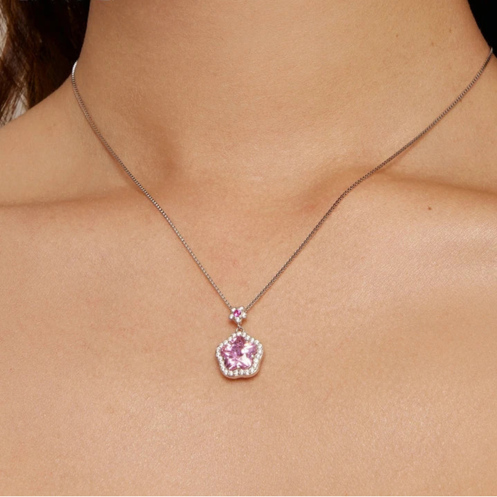 Bamoer 925 Sterling Silver Pink Flower Pendant Necklace Little Star Neck Chain Pave Setting CZ for Women Valentine's Day Gift Mirror Quenn