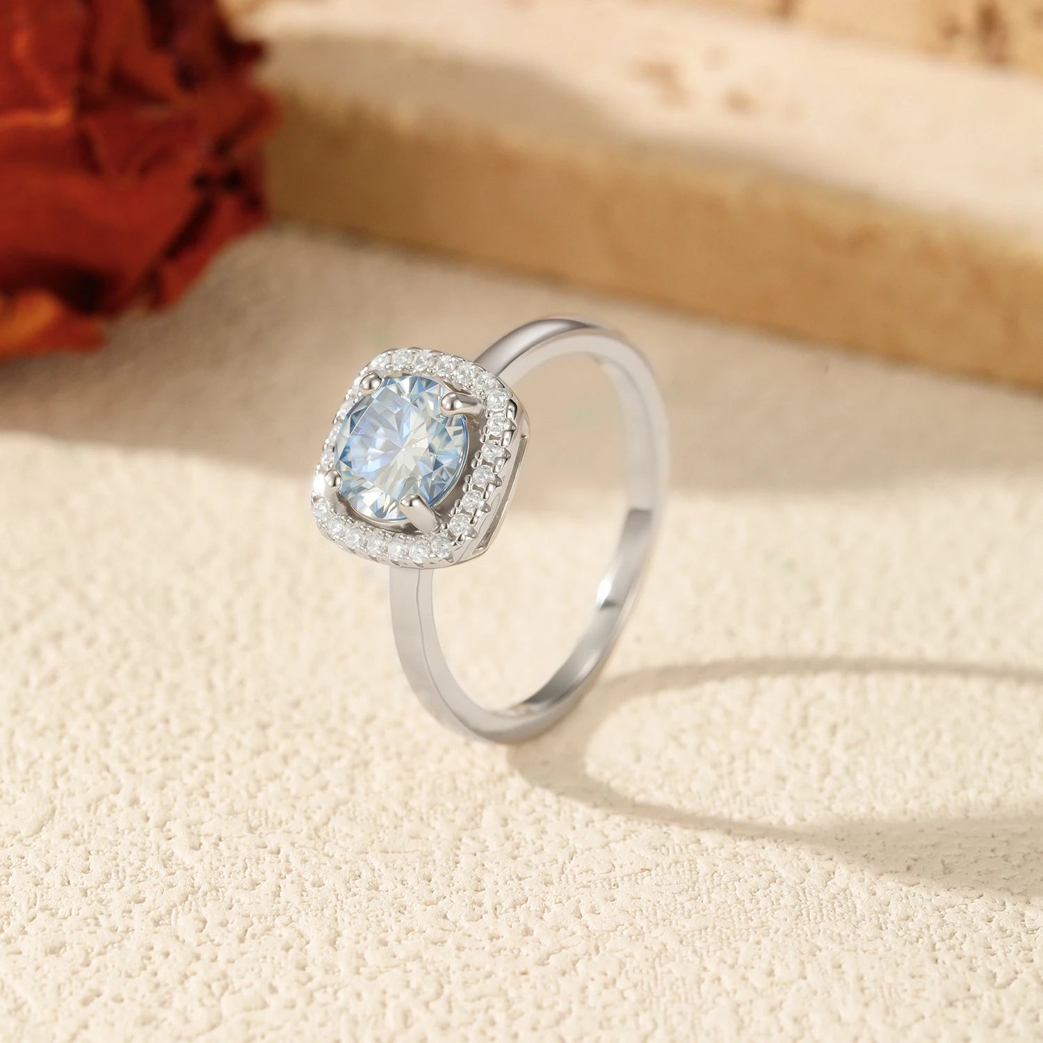 Dainty Sea Blue Moissanite Halo Ring in 925 Sterling Silver | Ethical Luxury
