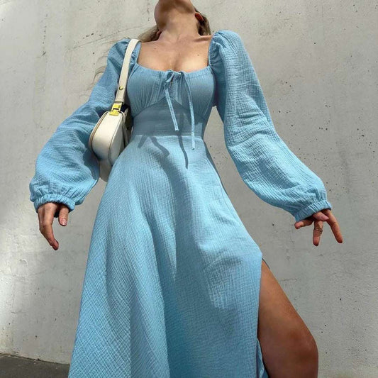 Lace-Up Slit Dress for Women – Square Neck, Lantern Sleeves, Cotton Midi Streetwear