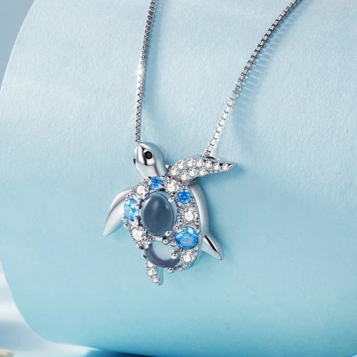 Bamoer 925 Sterling Silver Blue Spinel Sea Turtle Pendant Necklace Pave Setting CZ for Women Valentine's Day Gift Mirror Quenn