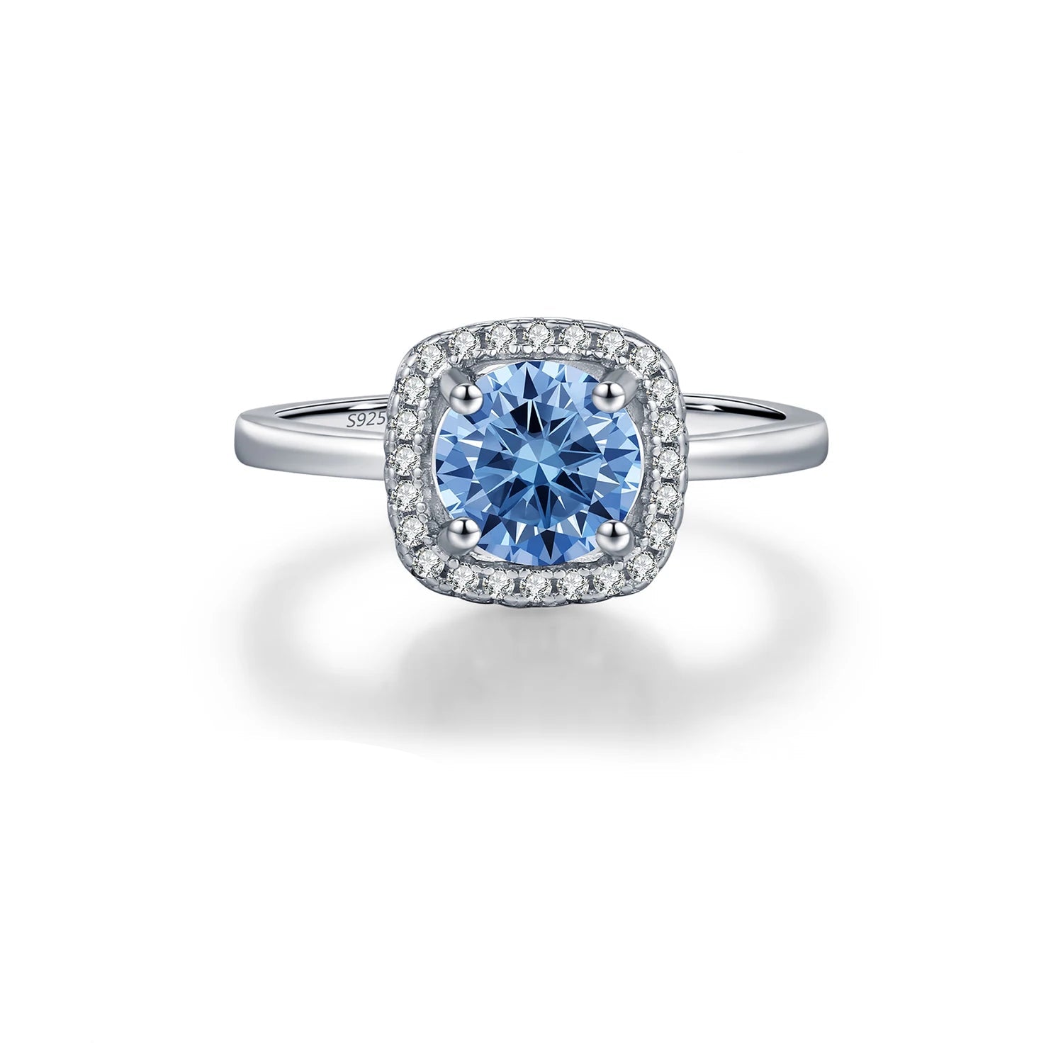 Dainty Sea Blue Moissanite Halo Ring in 925 Sterling Silver | Ethical Luxury