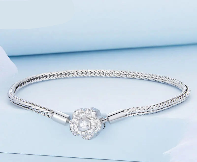 Bamoer 925 Sterling Silver Zircon Rose Buckle Bracelet Snake Chain for Women Bead Charm DIY Chic Jewelry Gift BSB096 Mirror Quenn