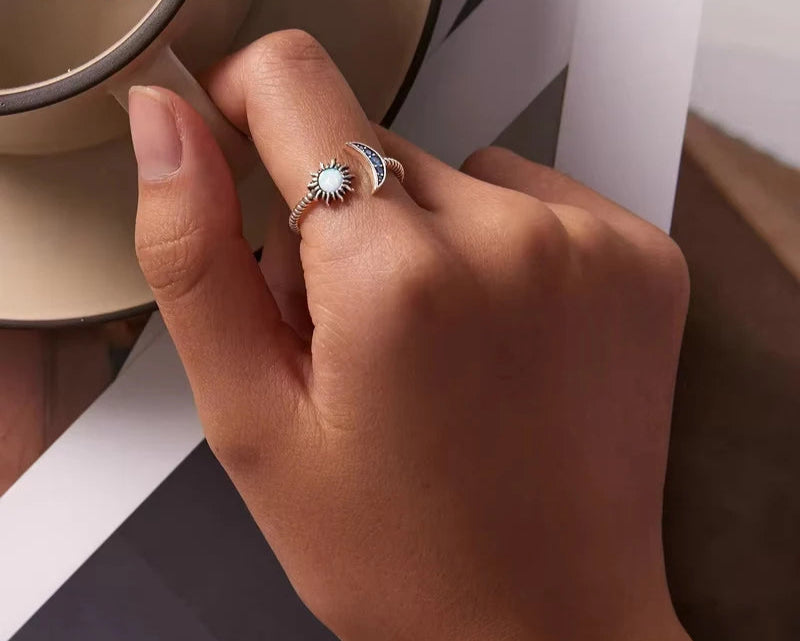Authentic 925 Sterling Silver Shining Sun & Moon Open Size Ring for Women Vintage Opal Ring Fine Jewelry Party Gift Mirror Quenn