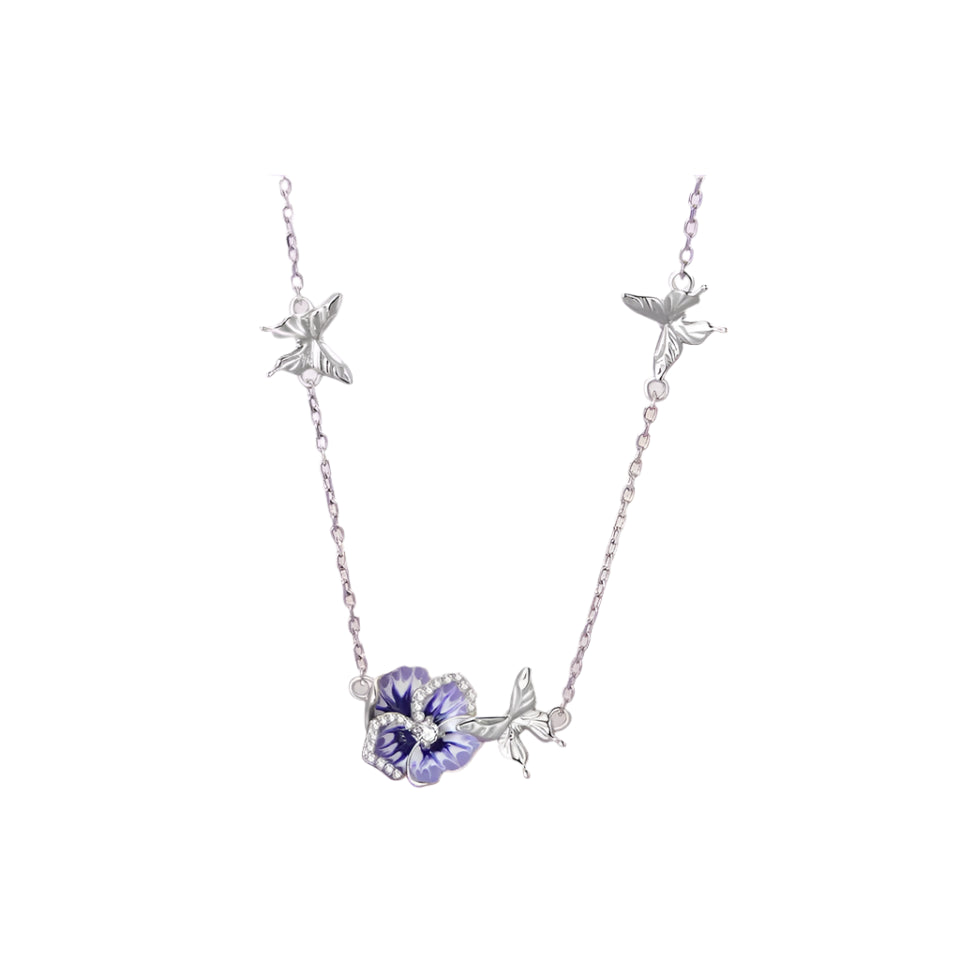 Bamoer 925 Sterling Silver Purple Enamel Pansy Flower Pendant Necklace Dancing Butterfly Adjustable Neck Chain for Women BSN336 Mirror Quenn