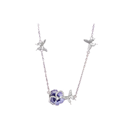 Bamoer 925 Sterling Silver Purple Enamel Pansy Flower Pendant Necklace Dancing Butterfly Adjustable Neck Chain for Women BSN336 Mirror Quenn