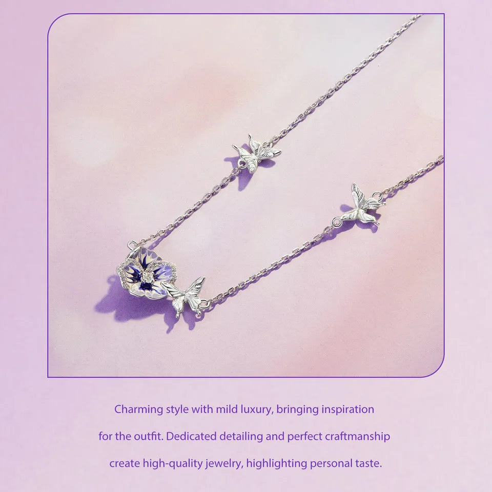 Bamoer 925 Sterling Silver Purple Enamel Pansy Flower Pendant Necklace Dancing Butterfly Adjustable Neck Chain for Women BSN336 Mirror Quenn
