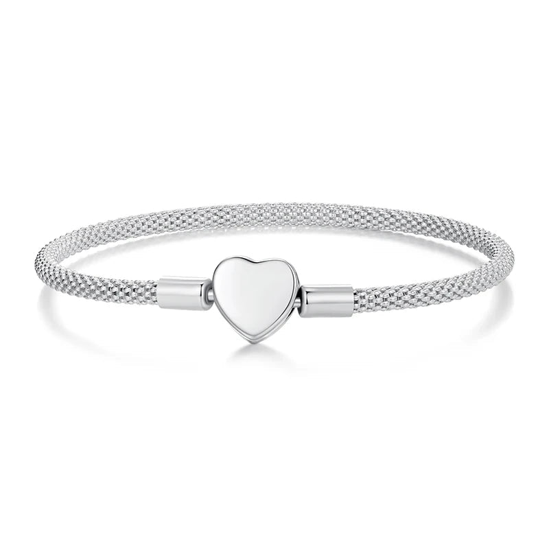 BAMOER Heart Basic Charm Bracelet 925 Sterling Silver Snake Chain Basic Bracelet For Women Heart Love Jewelry 17CM 19CM Mirror Quenn