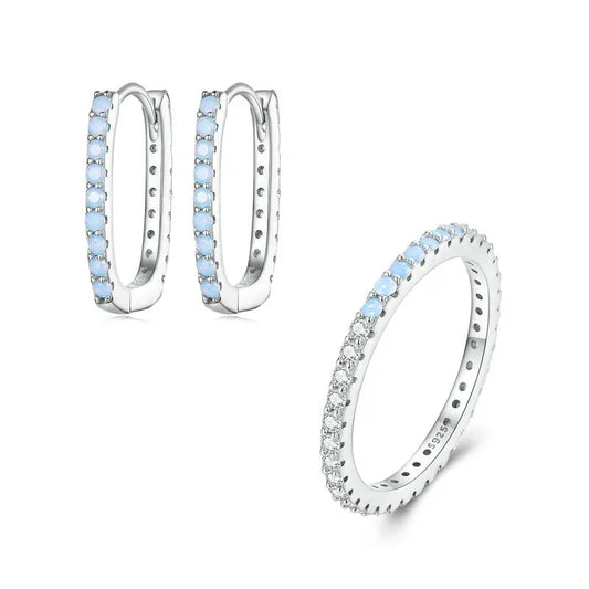 Bamoer 925 Sterling Silver Blue Opal Simple Jewelry Set Square Hoop Earrings Minimalist Finger Ring for Women Fine Jewelry Mirror Quenn