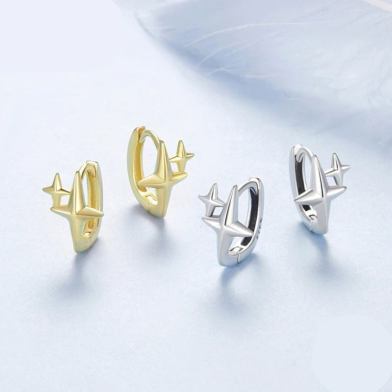 BAMOER Solid 925 Sterling Silver Starlight Hoop Earrings for Women Teens Double Star Huggie Earrings Minimalist Fine Jewelry Mirror Quenn