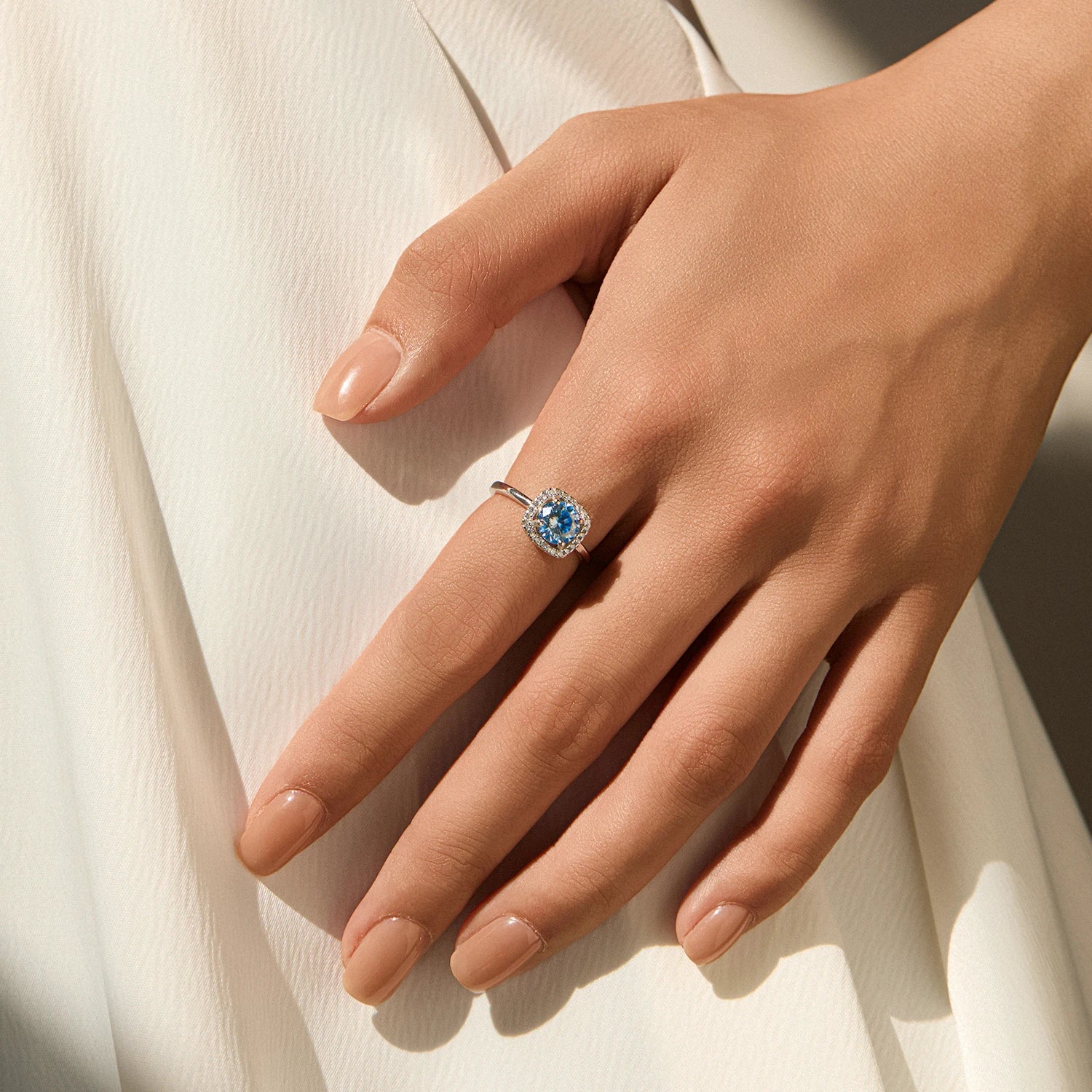 Dainty Sea Blue Moissanite Halo Ring in 925 Sterling Silver | Ethical Luxury