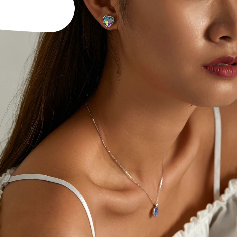 Bamoer Fish Scale Heart Necklace & Cat Ear Studs Authentic 925 Sterling Silver Heart Stud Earrings Female Gift Fine Jewelry Set Mirror Quenn