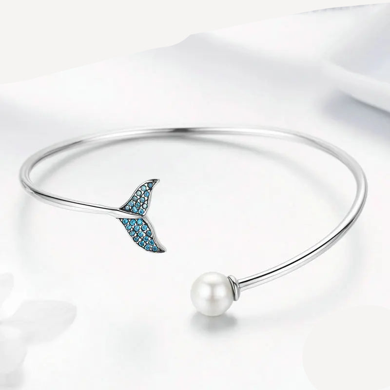 Bamoer Hot Sale 925 Sterling Silver Blue Zircon Mermaid's Tail Open Cuff Women Bracelets & Bangles Fashion Jewelry SCB123 Mirror Quenn