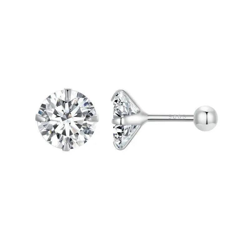BAMOER Platinum Plated Classic Round CZ Stud Earrings Prongs Set 925 Sterling Silver Hypoallergenic Elegant Jewellry 3mm 5mm 7mm Mirror Quenn