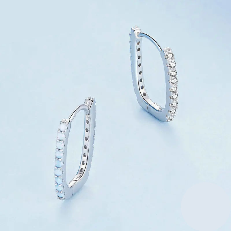 Bamoer 925 Sterling Silver Blue Opal Simple Jewelry Set Square Hoop Earrings Minimalist Finger Ring for Women Fine Jewelry Mirror Quenn