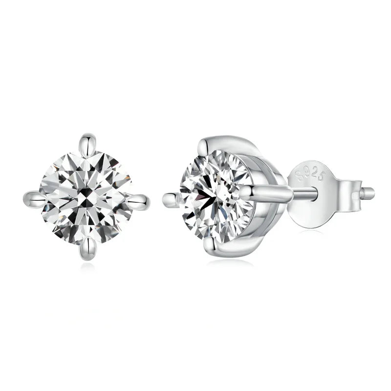 Bamoer 925 Sterling Silver Simple Moissanite Stud Earrings Round Cut VVS1 Lab Diamond for Men Women Classic Party Certified Gift Mirror Quenn