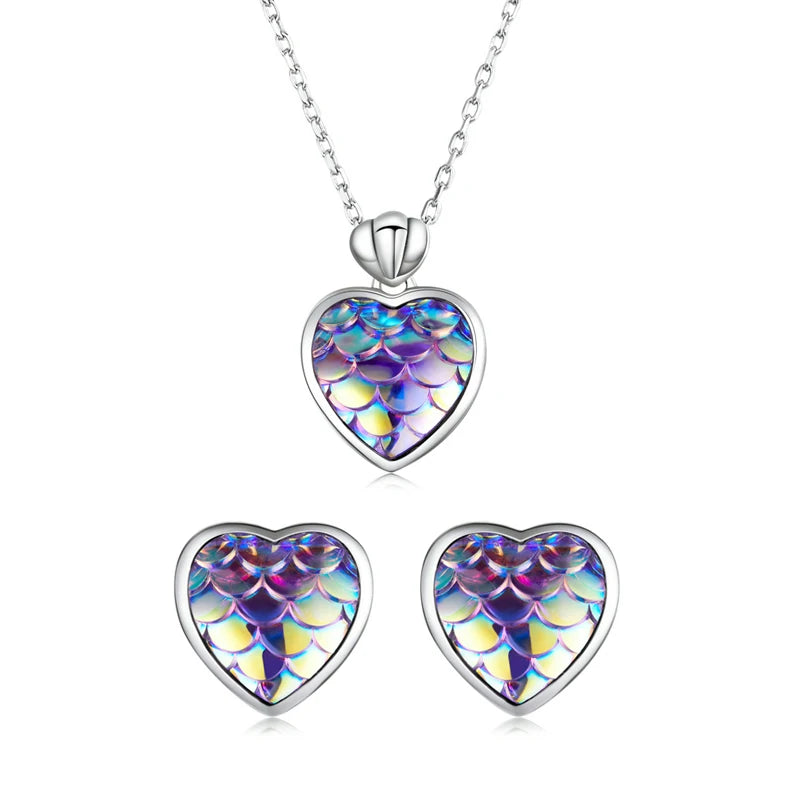Bamoer Fish Scale Heart Necklace & Cat Ear Studs Authentic 925 Sterling Silver Heart Stud Earrings Female Gift Fine Jewelry Set Mirror Quenn