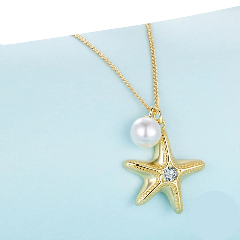 925 Sterling Silver Starfish Pendant Necklaces with Round Pearl Beads 18K Gold Basic Link Chain for Women Elegant Gift Mirror Quenn