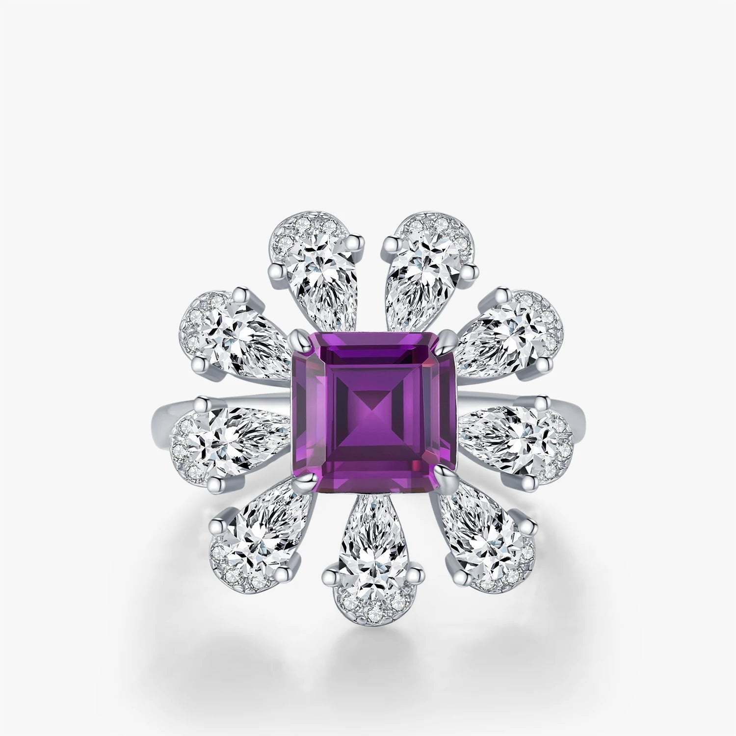 MODIAN 925 Sterling Silver Luxury Ascher Cut Violet Color Flower Zirconia Finger Rings For Women Party Fine Jewelry Mirror Quenn