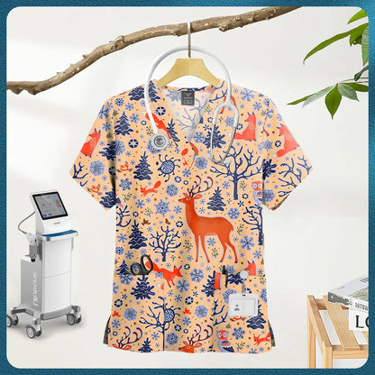 Printed Scrub Top with Pockets – V-Neck
