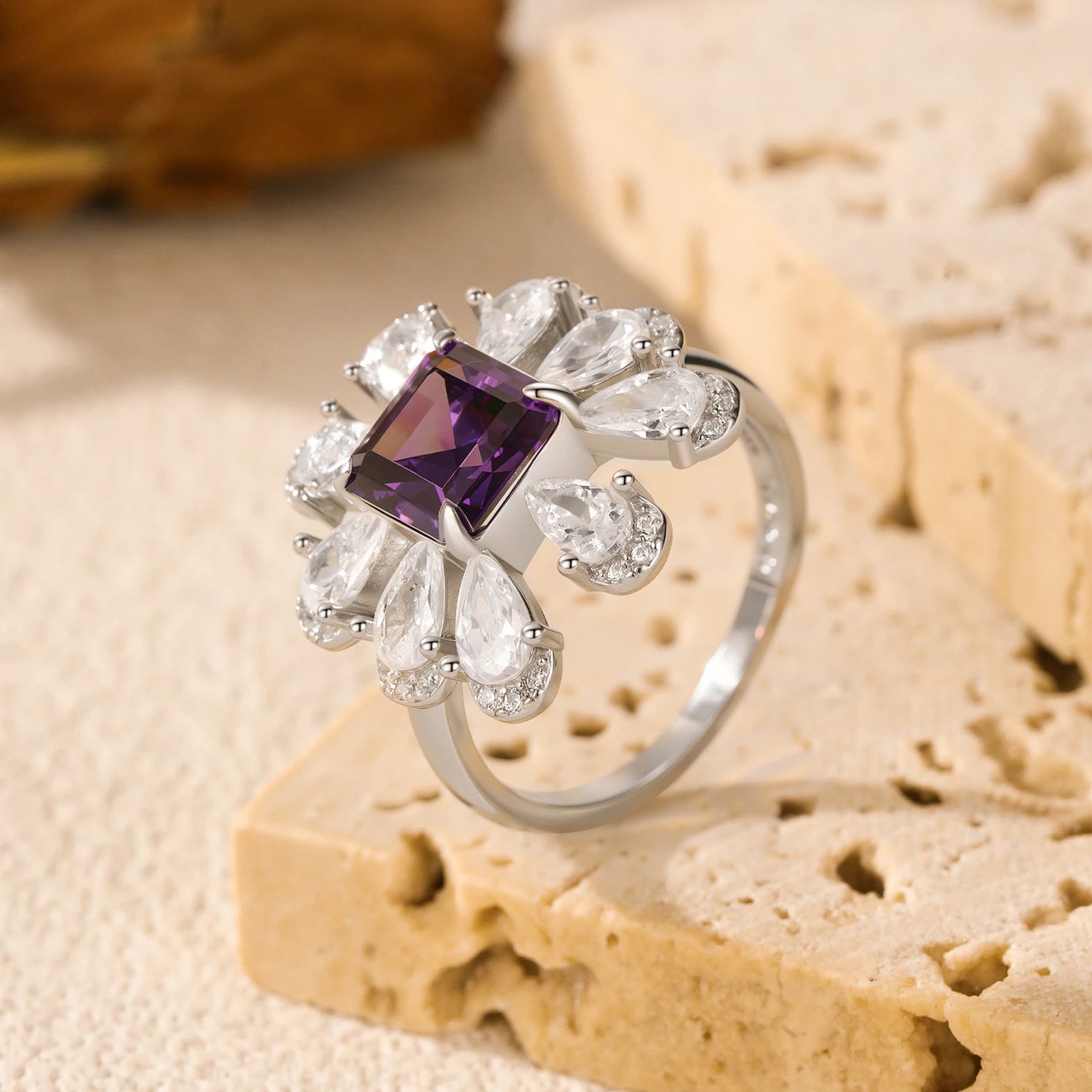 MODIAN 925 Sterling Silver Luxury Ascher Cut Violet Color Flower Zirconia Finger Rings For Women Party Fine Jewelry Mirror Quenn