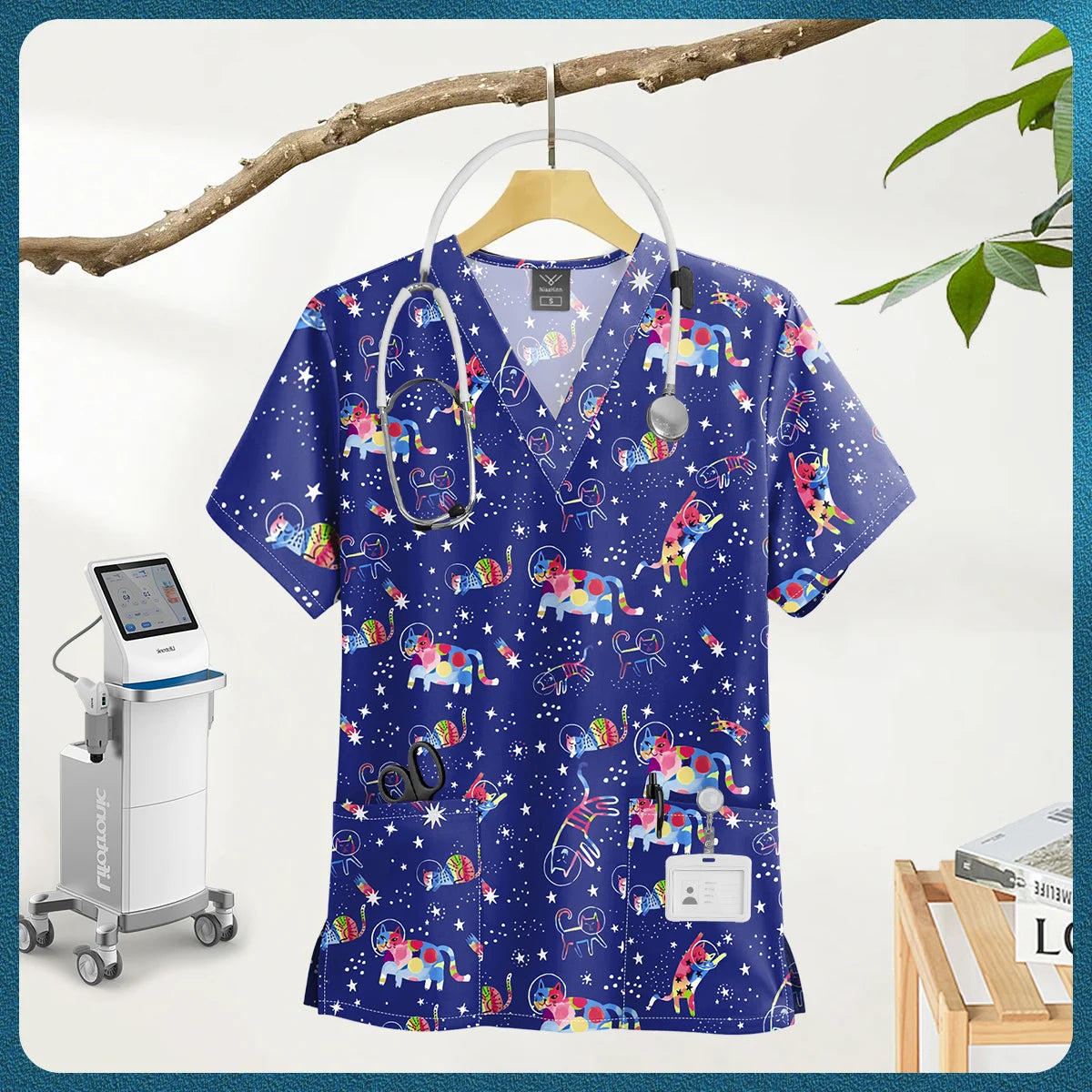 Printed Scrub Top with Pockets – V-Neck