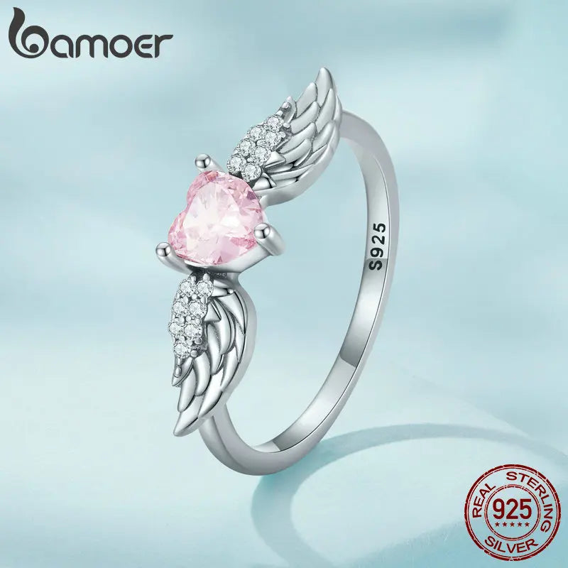 BAMOER 925 Sterling Silver Angel Wing Ring for Women Fine Jewelry Pink Heart Zircon Eternity Band Ring Wedding Gift SCR874 Mirror Quenn