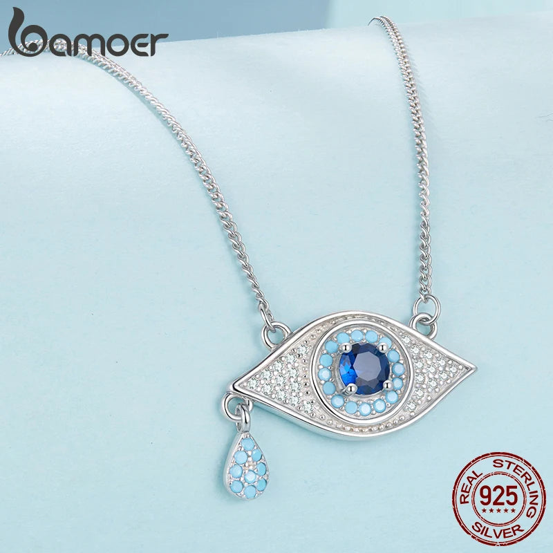 BAMOER 925 Sterling Silver Blue Devil's Eye Necklace Teardrop Bead Pendant Necklace for Women Lucky Guard Jewelry Gift Mirror Quenn