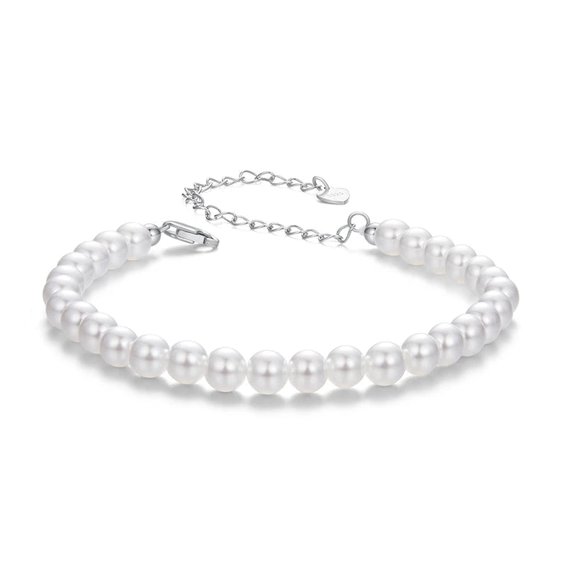 BAMOER White Pearl Bracelets for Women, 925 Silver Adjustable Clasp Chain Faux Pearl Beaded Bracelets Bridal Wedding Jewelry Mirror Quenn