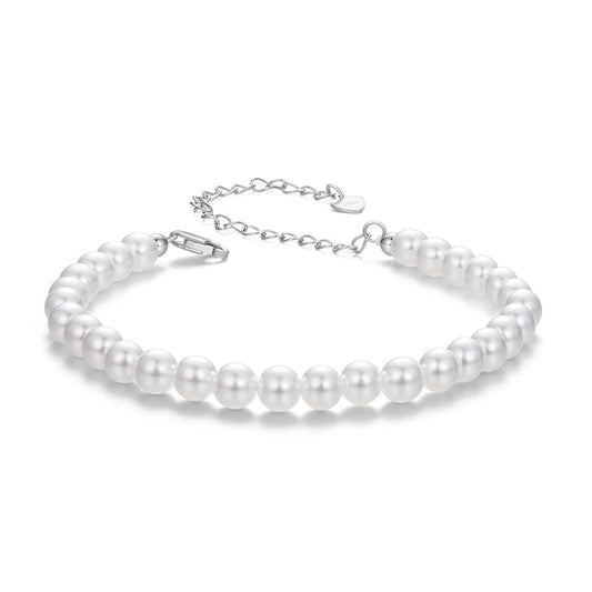 BAMOER White Pearl Bracelets for Women, 925 Silver Adjustable Clasp Chain Faux Pearl Beaded Bracelets Bridal Wedding Jewelry Mirror Quenn
