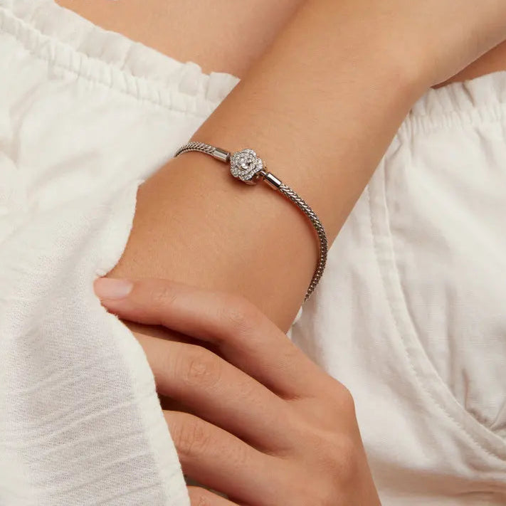 Bamoer 925 Sterling Silver Zircon Rose Buckle Bracelet Snake Chain for Women Bead Charm DIY Chic Jewelry Gift BSB096 Mirror Quenn